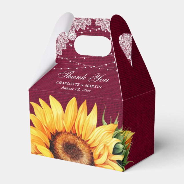 Burgundy Burlap Lace String Lights Sunflower Favour Box (Front Side)