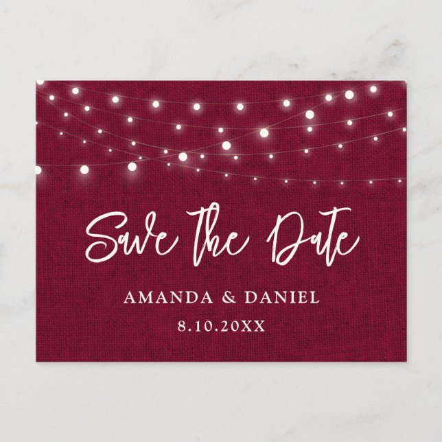 Burgundy Burlap Lights Wedding Save The Date Announcement Postcard (Front)