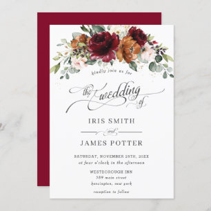 Burgundy Burnt Orange Blush Ivory Floral Wedding Invitation