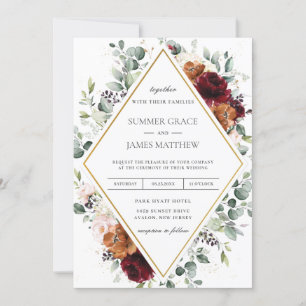 Burgundy Burnt Orange Blush Ivory Floral Wedding Invitation