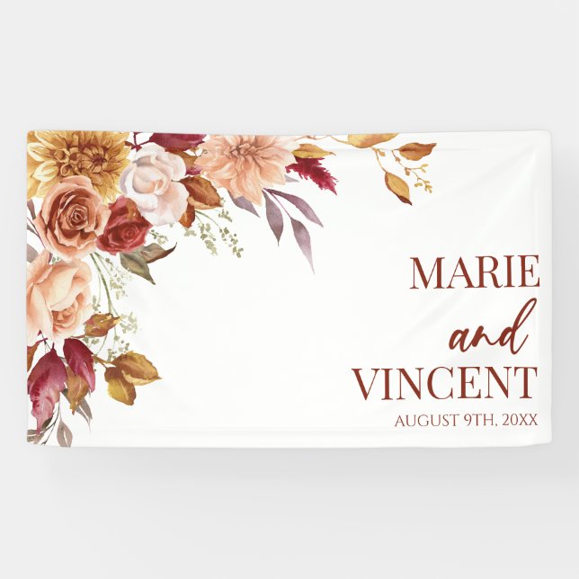 Burgundy Burnt Orange Brown Floral Flower Wedding Banner (Horizontal)