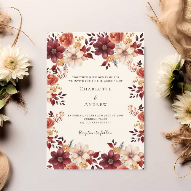 Burgundy burnt orange fall floral luxury wedding invitation (Creator Uploaded)