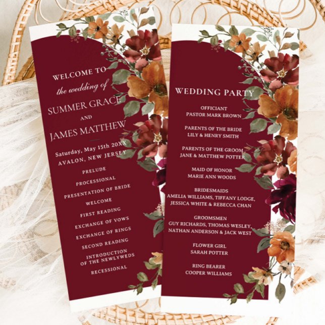 Burgundy Burnt Orange Floral Arch Wedding Program (Creator Uploaded)