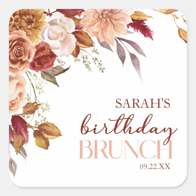 Burgundy Burnt Orange Floral Birthday Brunch Square Sticker (Front)