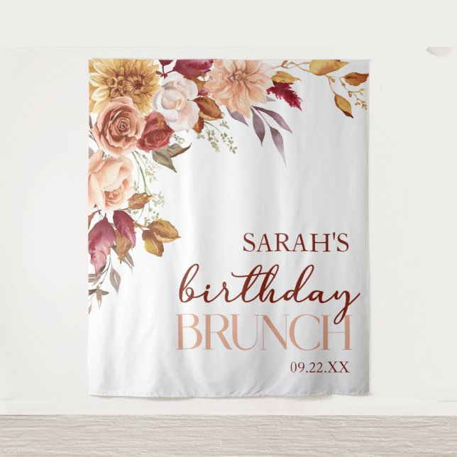 Burgundy Burnt Orange Floral Birthday Brunch Tapestry (Front)