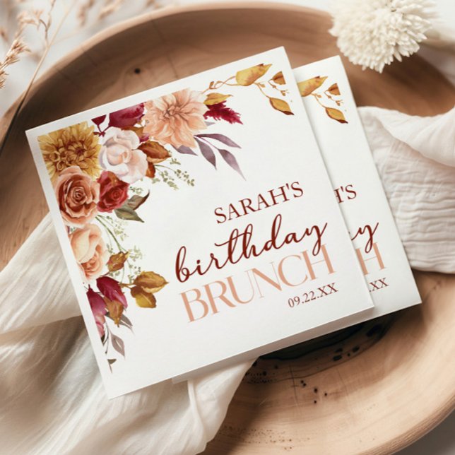 Burgundy Burnt Orange Floral Birthday Party Brunch Napkin (Creator Uploaded)
