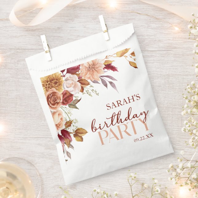 Burgundy Burnt Orange Floral Birthday Party Favour Bag (Clipped)