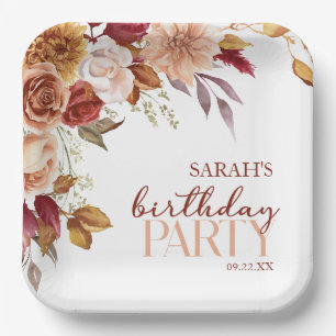 Burgundy Burnt Orange Floral Birthday Party Paper Plate