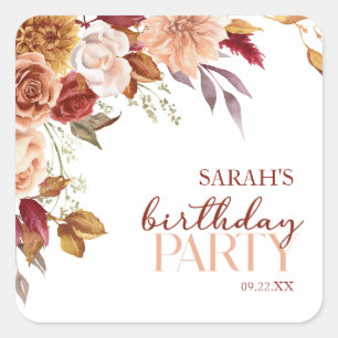 Burgundy Burnt Orange Floral Birthday Party Square Sticker