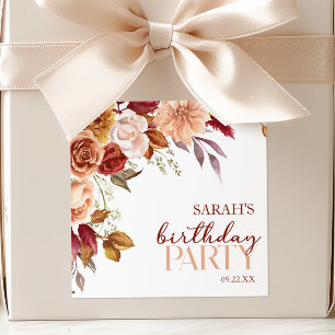 Burgundy Burnt Orange Floral Birthday Party Square Sticker