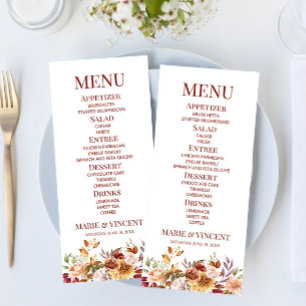 Burgundy Burnt Orange Floral Flowers Wedding Food Menu