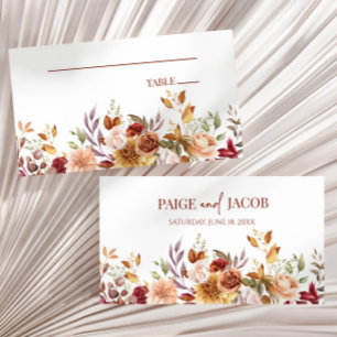 Burgundy Burnt Orange Floral Flowers Wedding  Place Card