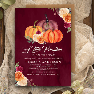 Burgundy Burnt Orange Floral Pumpkin Baby Shower Invitation