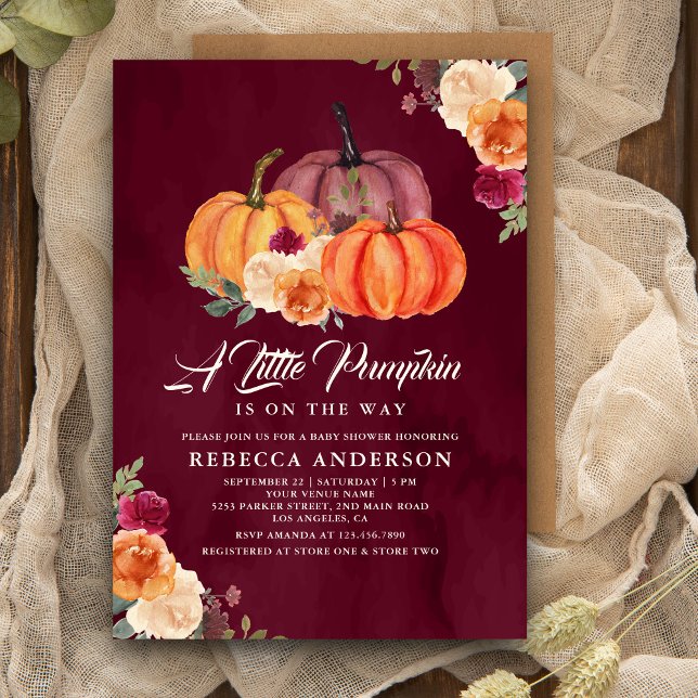 Burgundy Burnt Orange Floral Pumpkin Baby Shower Invitation (Creator Uploaded)