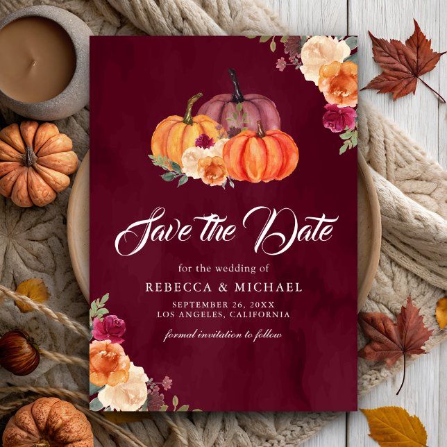 Burgundy Burnt Orange Floral Pumpkin Wedding Save The Date (Creator Uploaded)