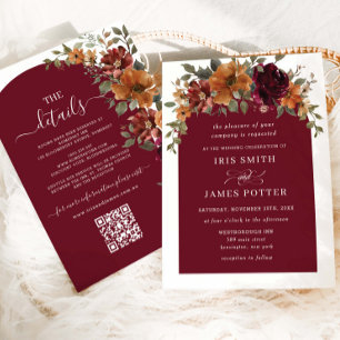 Burgundy Burnt Orange Floral Wedding Details QR  Invitation