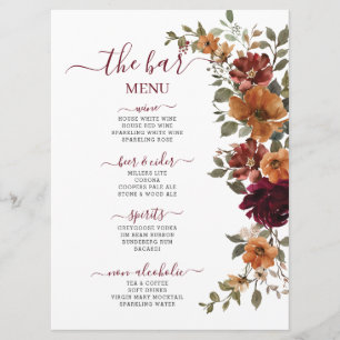 Burgundy Burnt Orange Floral Wedding Drinks Bar  Menu