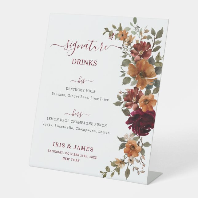 Burgundy Burnt Orange Floral Wedding Drinks Menu Pedestal Sign (Front)