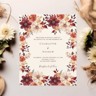 Burgundy burnt orange floral wedding invitation