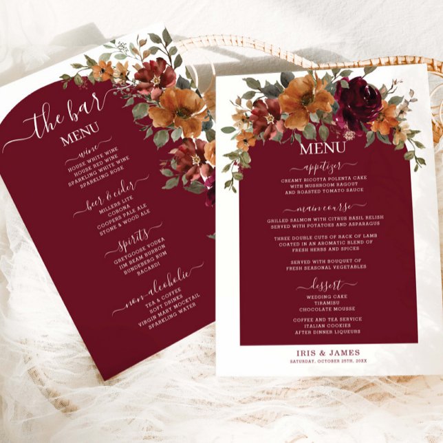 Burgundy Burnt Orange Floral Wedding Menu (Creator Uploaded)
