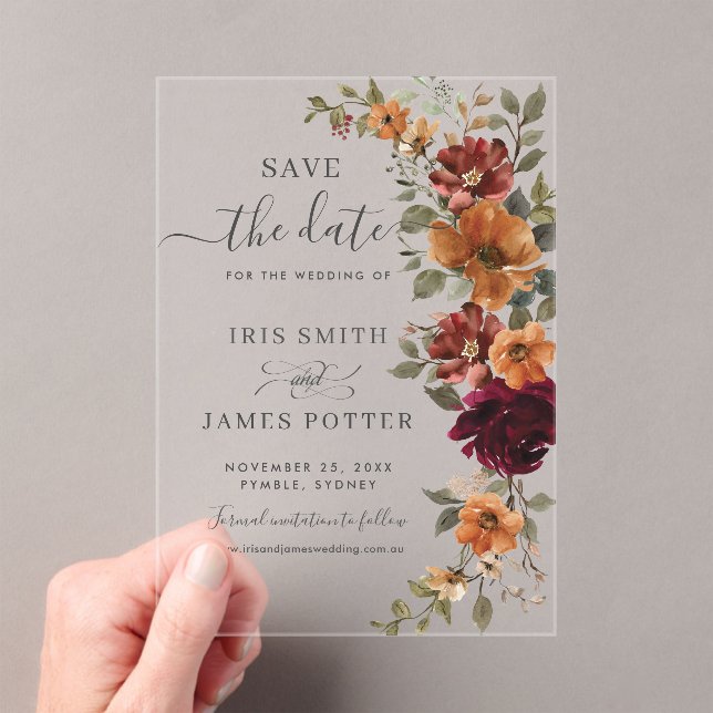 Burgundy Burnt Orange Floral Wedding Save the Date Acrylic Invitations (Insitu (Handheld))
