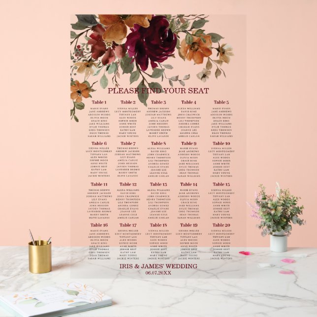 Burgundy Burnt Orange Floral Wedding Seating Acrylic Sign (Wedding)
