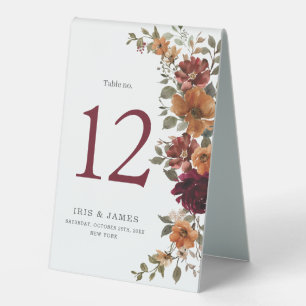 Burgundy Burnt Orange Floral Wedding Table Number