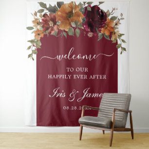Burgundy Burnt Orange Rust Floral Wedding Backdrop Tapestry