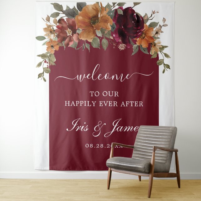 Burgundy Burnt Orange Rust Floral Wedding Backdrop Tapestry (In Situ)