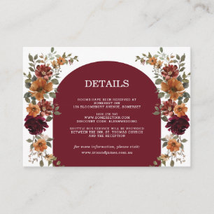 Burgundy Burnt Orange Rust Floral Wedding Details Enclosure Card