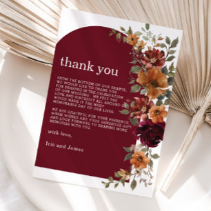 Burgundy Burnt Orange Rust Floral Wedding Thank You Card