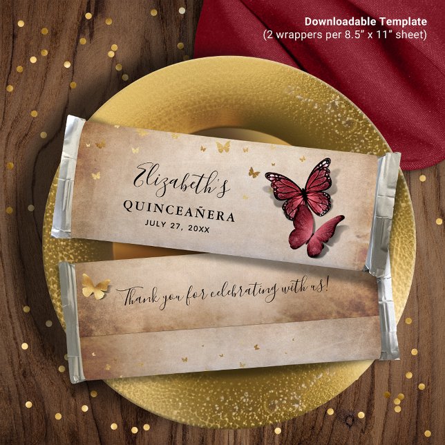 Burgundy Butterfly DIY Candy Bar Wrapper Template Poster (Select Instant Download to easily print and assemble yourself at home.)