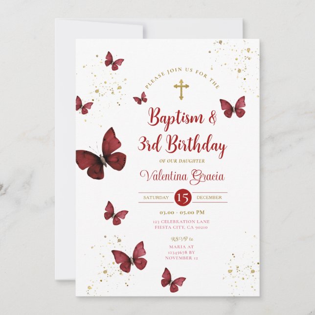 Burgundy Butterfly Girl 3rd Birthday Baptism Cross Invitation (Front)