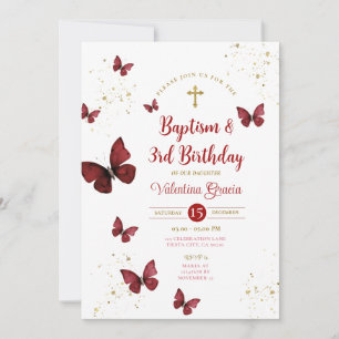 Burgundy Butterfly Girl 3rd Birthday Baptism Cross Invitation