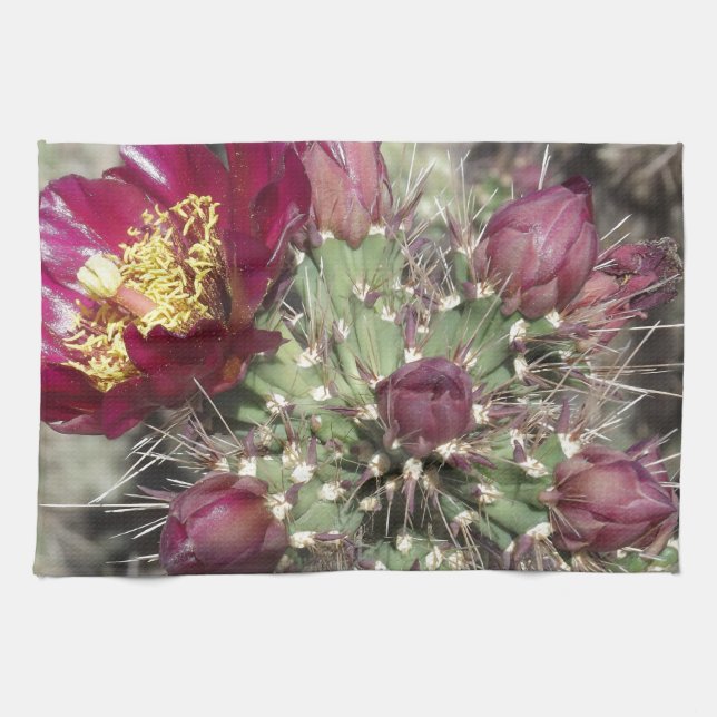 Burgundy Cactus Flowers Tea Towel (Horizontal)
