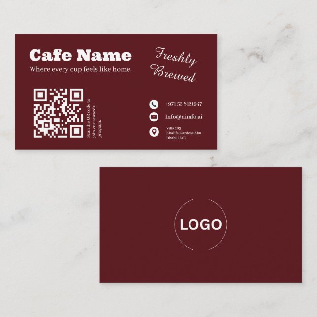 Burgundy Cafe Business Card QR Code Design (Front/Back)