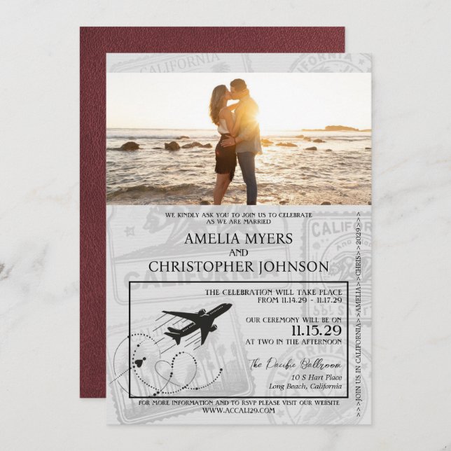 Burgundy California Passport Wedding Invitation (Front/Back)