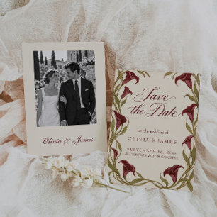 Burgundy Calla Lily Vintage Floral Wedding Photo Save The Date