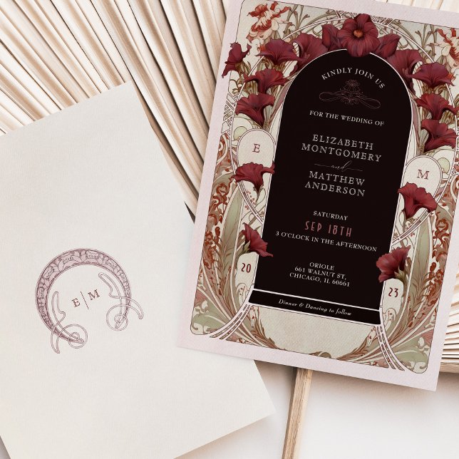 Burgundy Calla Lily Wedding Art Nouveau Mucha Invitation (Creator Uploaded)