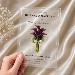 Burgundy Calla Lily Wedding Bouquet Ivory Ribbon  Acrylic Invitations