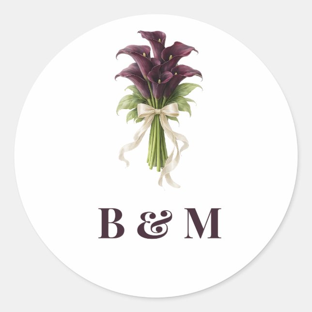 Burgundy Calla Lily Wedding Bouquet Ivory Ribbon  Classic Round Sticker (Front)