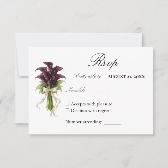 Burgundy Calla Lily Wedding Bouquet Ivory Ribbon  RSVP Card (Front)