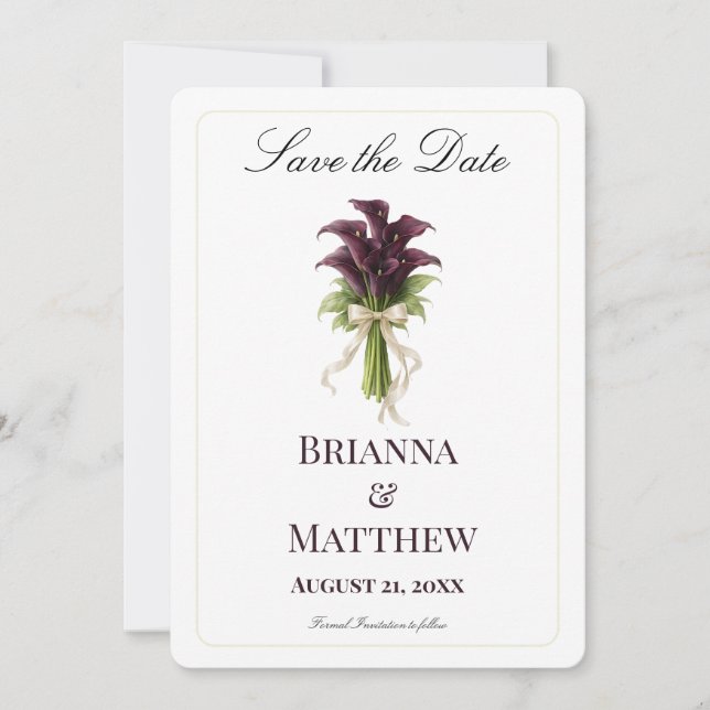 Burgundy Calla Lily Wedding Bouquet Ivory Ribbon  Save The Date (Front)