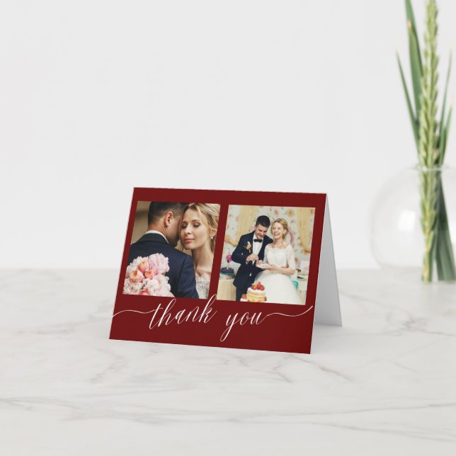 Burgundy Calligraphy 3 photo wedding thank you Card (Front)