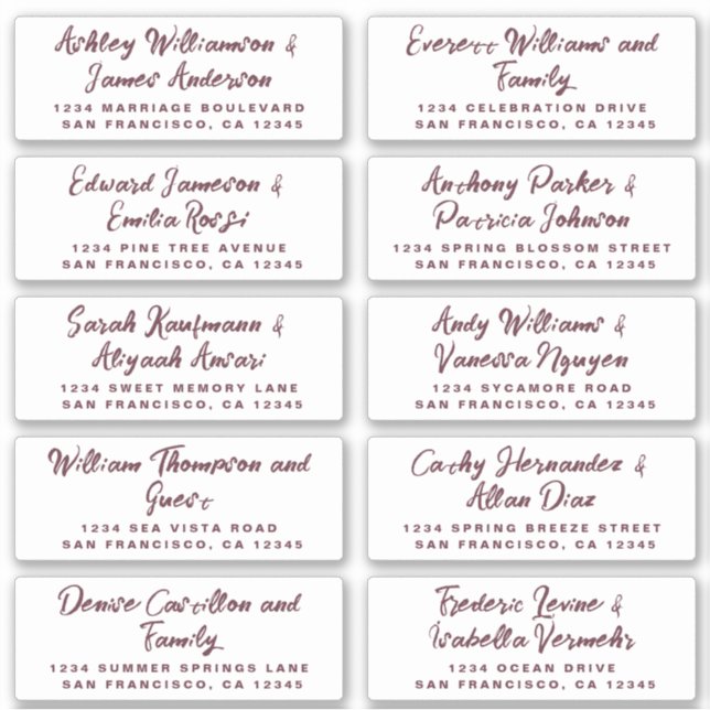 Burgundy Calligraphy Guest Address Labels (Front)