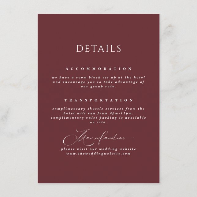Burgundy Calligraphy Romantic Wedding Details  Enclosure Card (Front)
