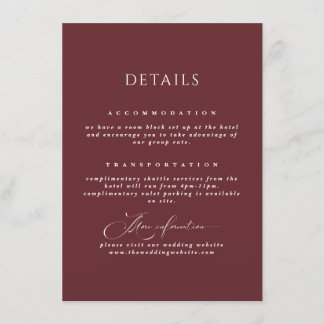 Burgundy Calligraphy Romantic Wedding Details  Enclosure Card