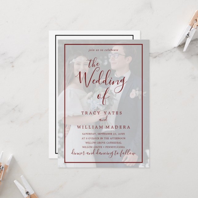 Burgundy Calligraphy Vellum Photo Overlay Wedding  Invitation (Front/Back In Situ)