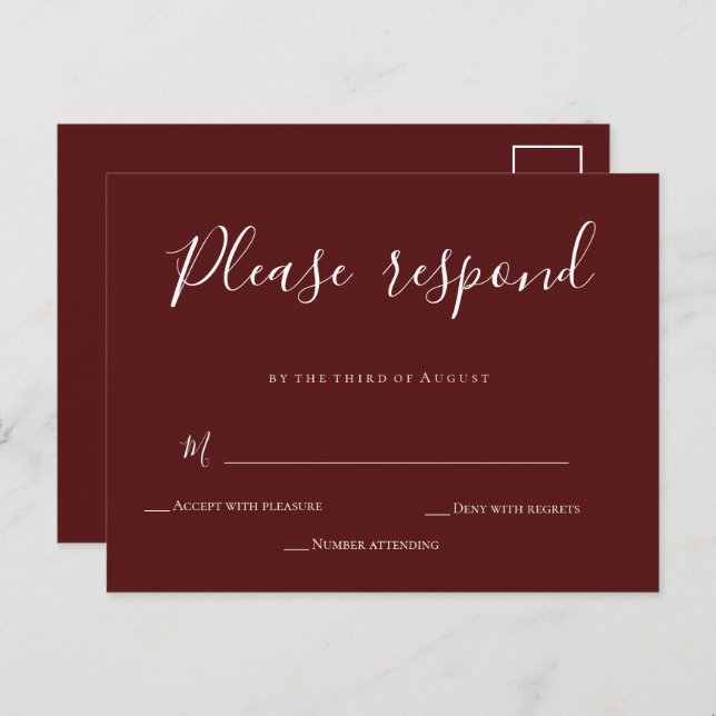 Burgundy Calligraphy Wedding RSVP Card Postcard (Front/Back)