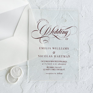Burgundy Calligraphy Wedding Transparent Acrylic Invitations